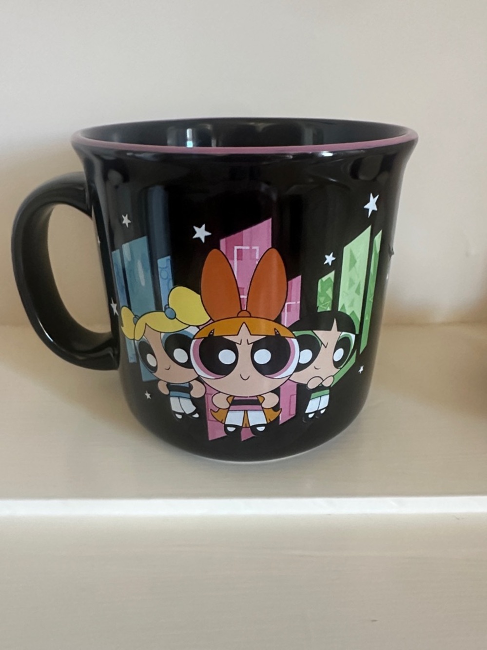 Black Ceramic Mug with Pink-Trim Powerpuff Girls Design 20oz